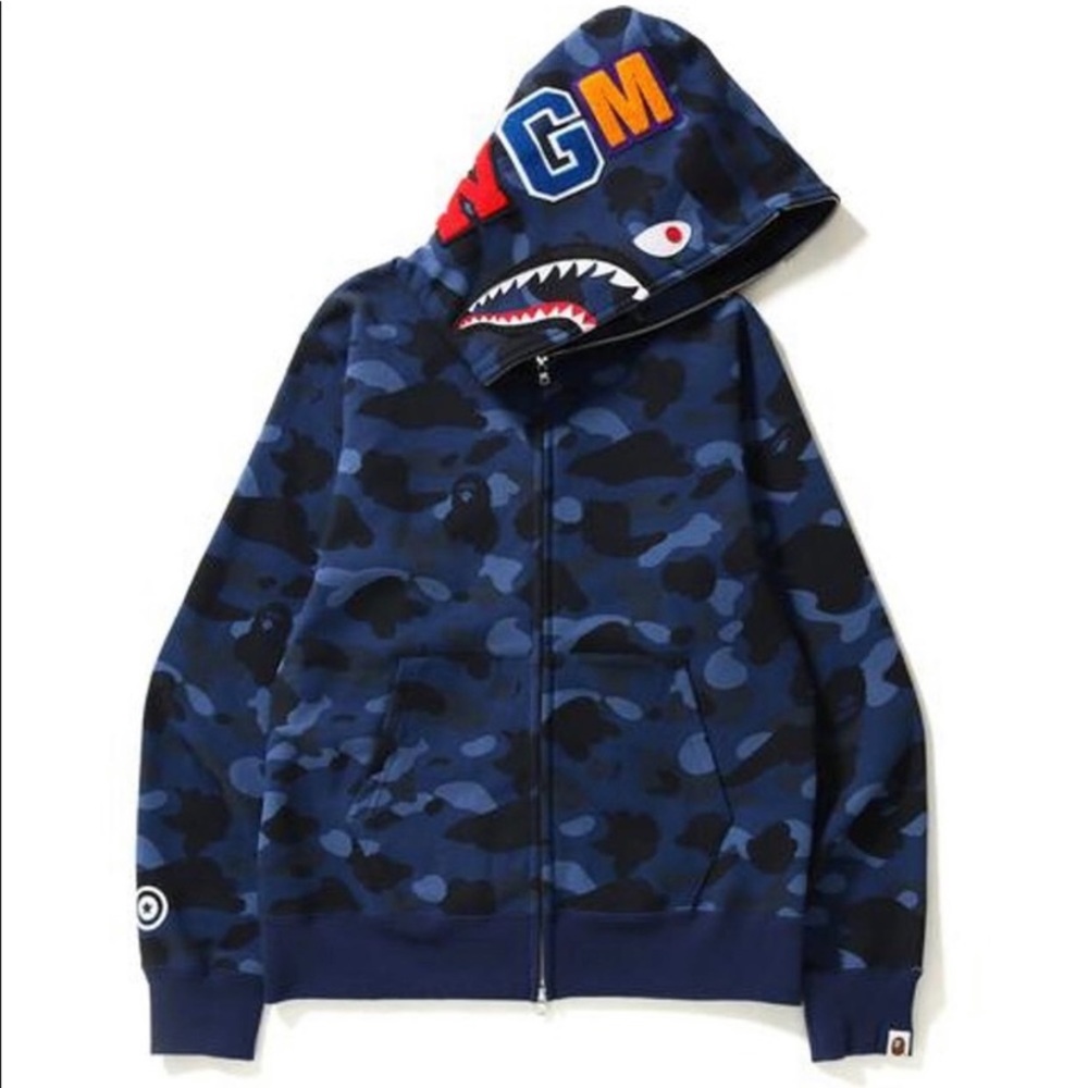 BAPE - Shark Full Zip Hoodie Camo Hood Blue